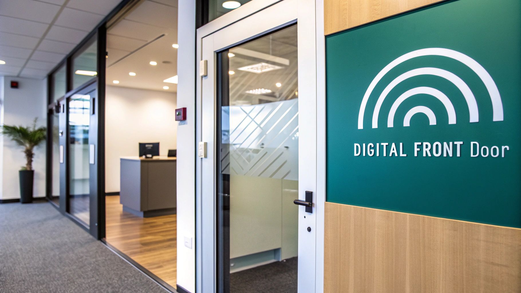 Office hallway with an open glass door, a wooden reception counter, and 'DIGITAL FRONT Door' signage.