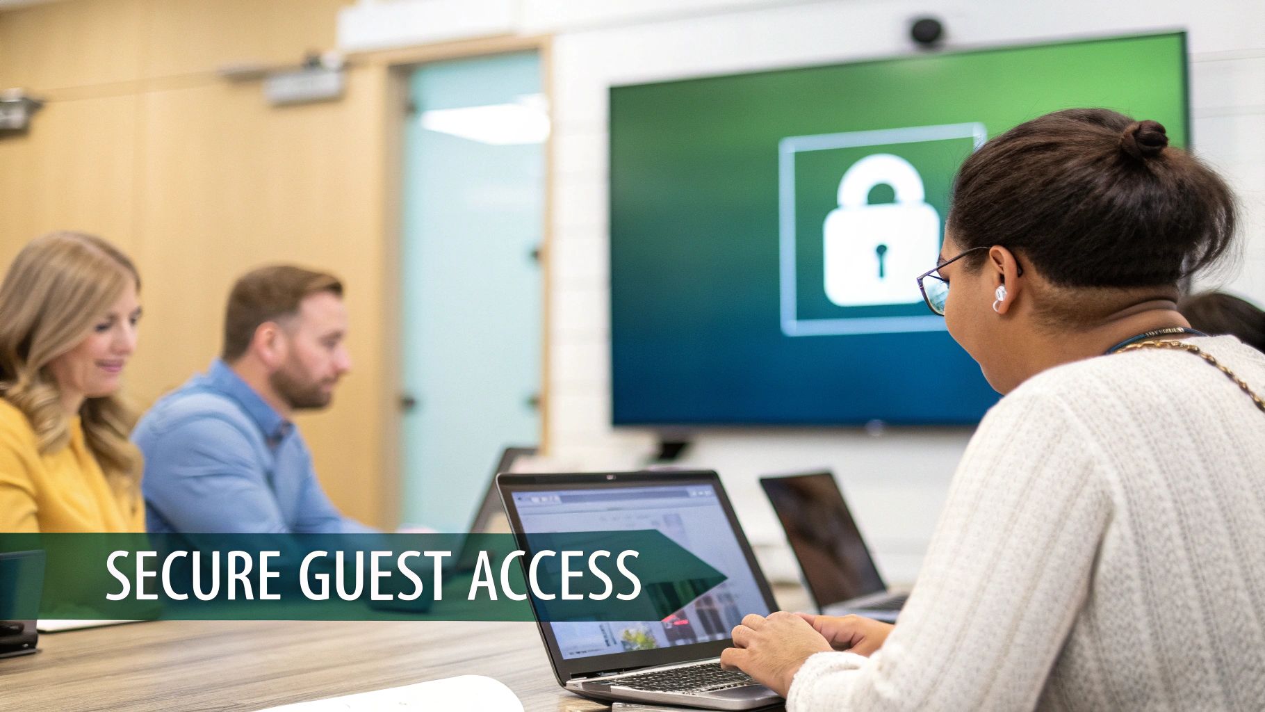 People in a modern office meeting room, with a screen showing a padlock for secure guest access.