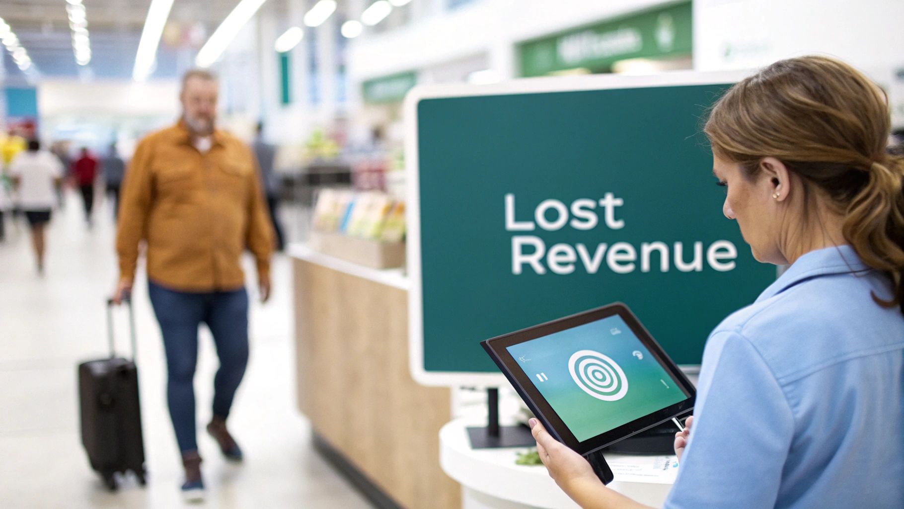 Woman monitors a tablet with a target symbol, focusing on a 'Lost Revenue' sign in a store.