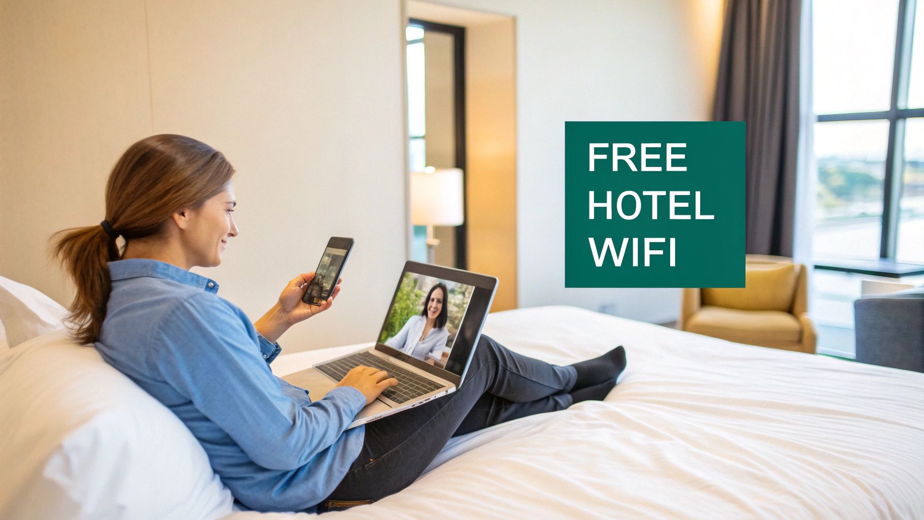 Smiling woman on a hotel bed, using a laptop for a video call and browsing her smartphone with free Wi-Fi.