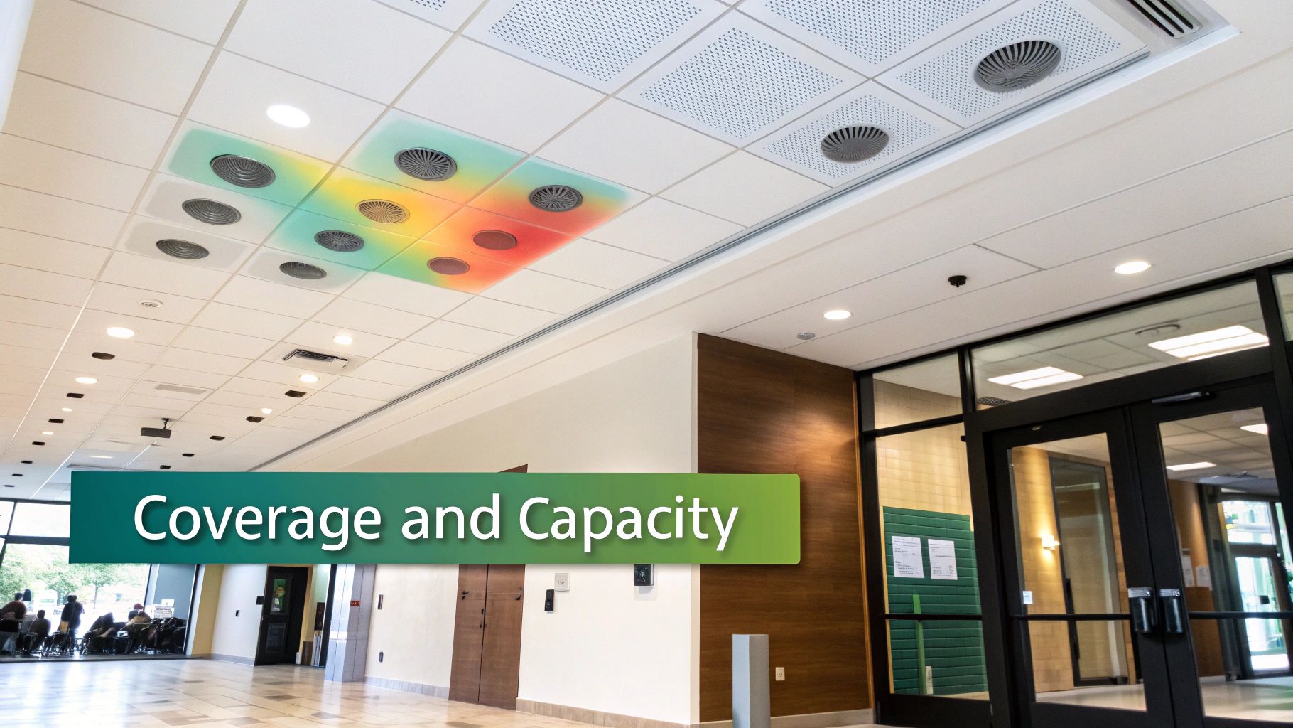 A modern ceiling with colorful heatmap patterns illustrating network coverage and capacity in a building's hallway.