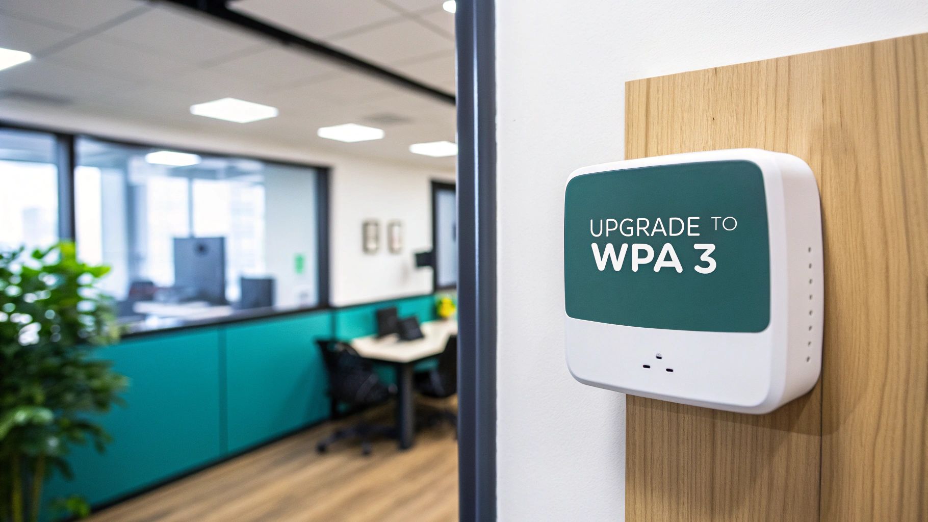 White wireless router displaying upgrade to WPA3 security protocol message in modern office