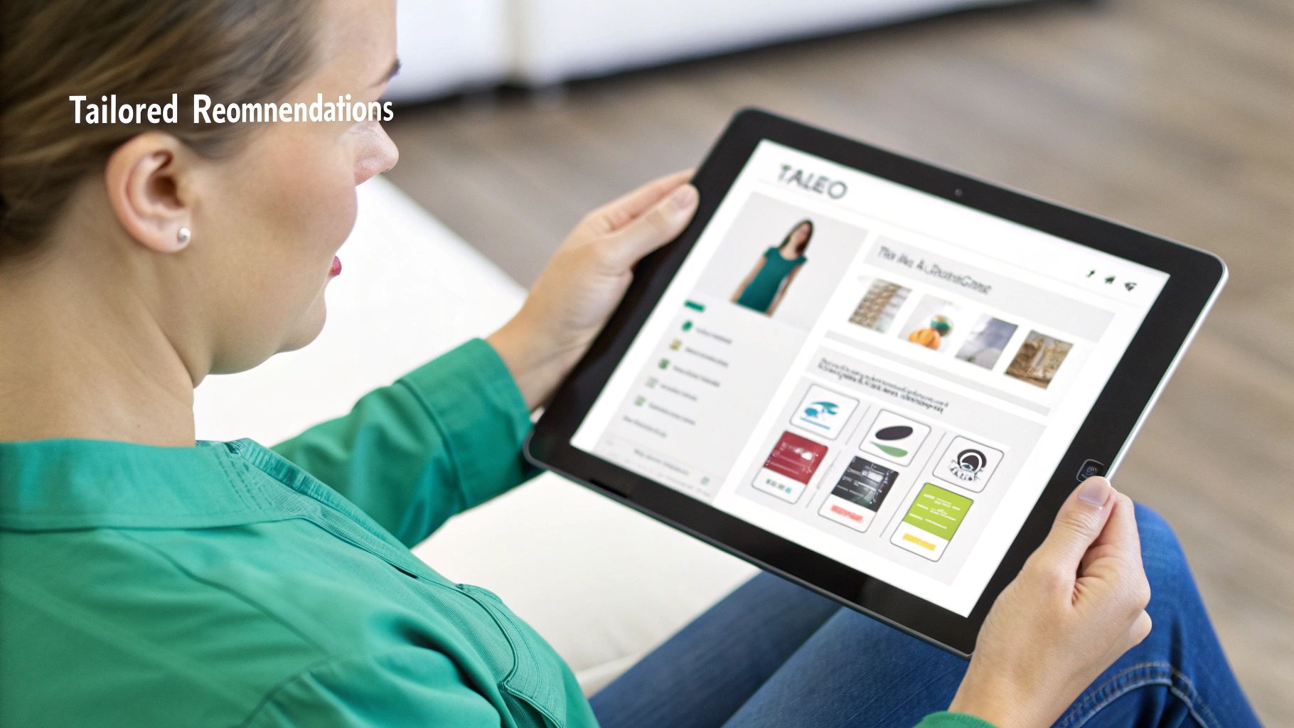 An AI-powered recommendation engine showing personalized product suggestions on a customer's smartphone inside a retail store.