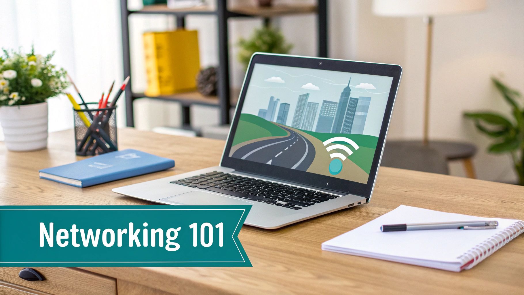 Laptop displaying networking illustration with WiFi symbol on wooden desk in modern office workspace