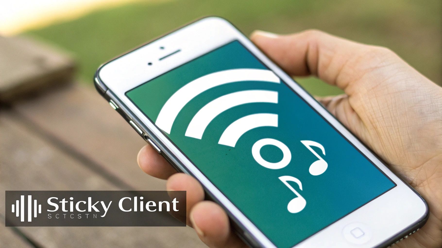 A hand holds a smartphone displaying a Wi-Fi signal icon and musical notes on its screen.