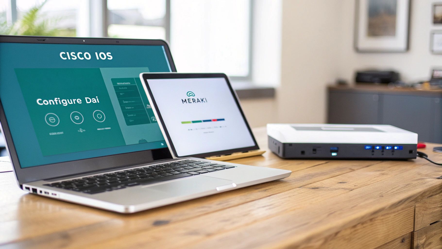 A laptop showing Cisco iOS and a tablet displaying Meraki on a wooden desk with a network device.