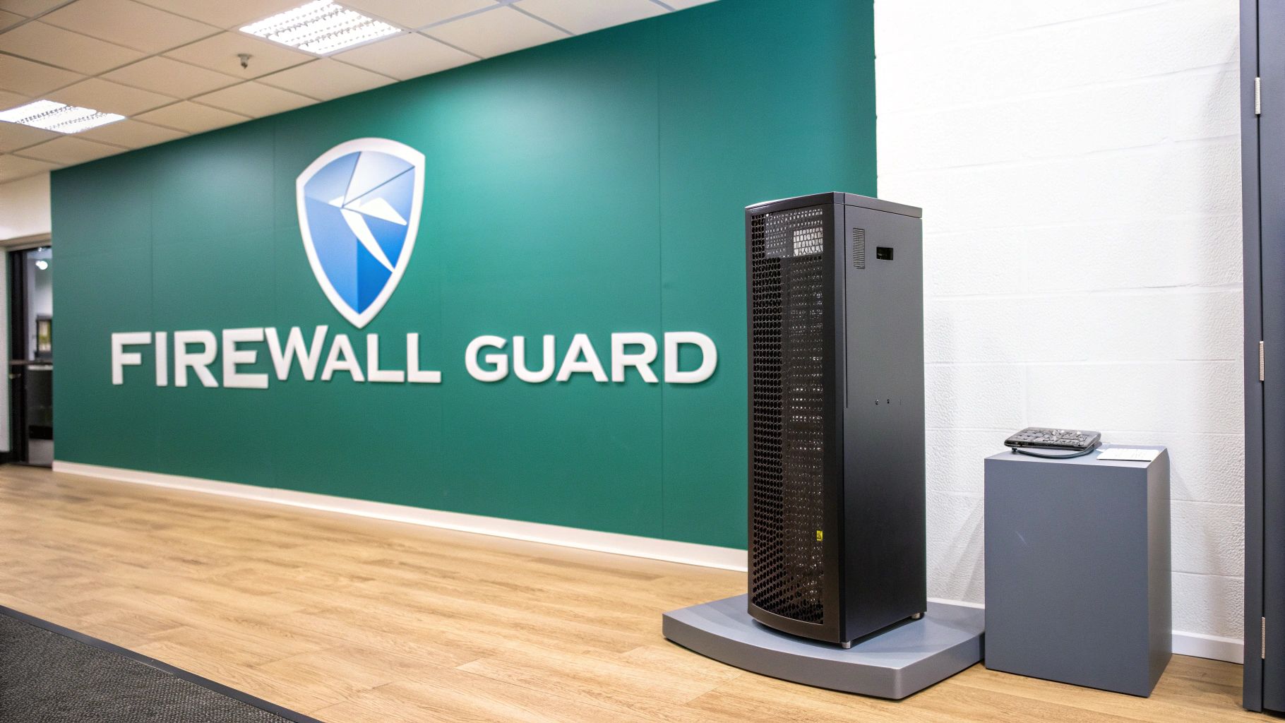 A stylized graphic of a firewall shield protecting a Wi-Fi network from outside threats.