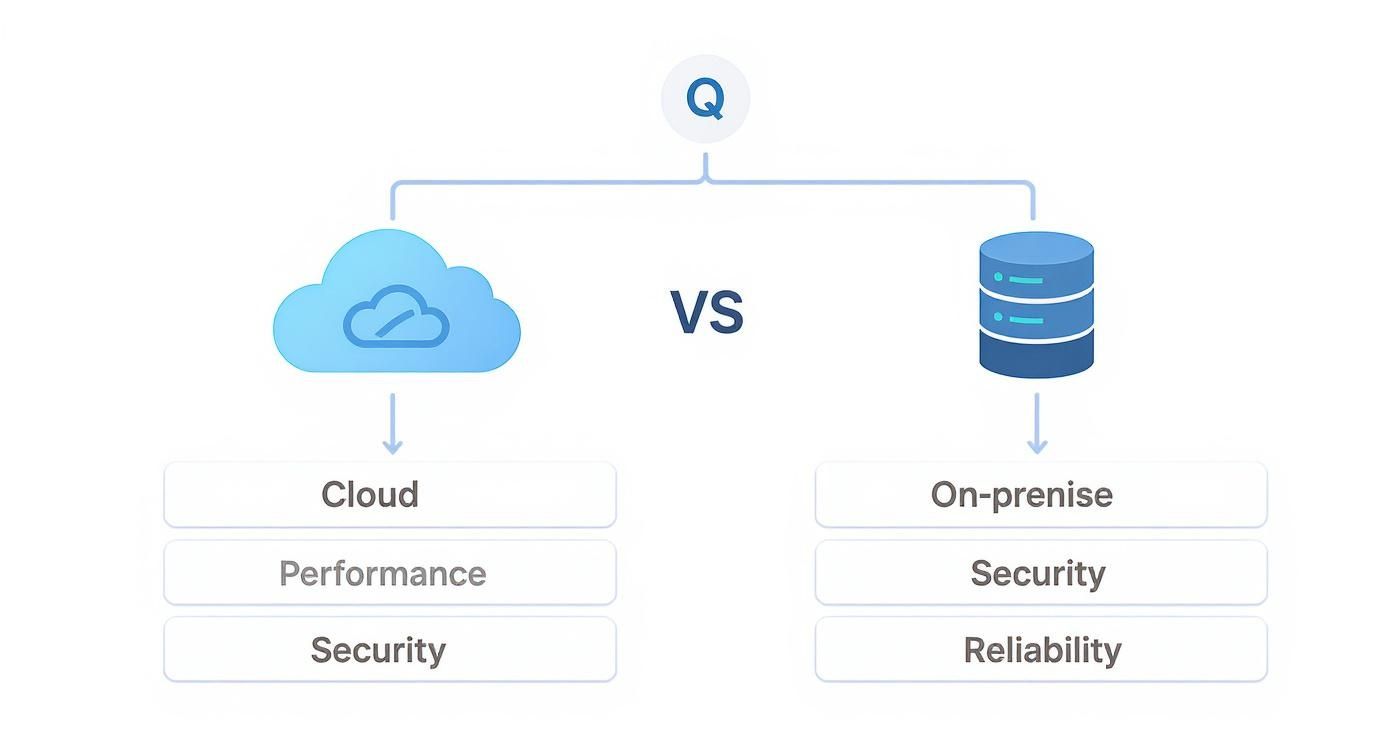 Diagram comparing cloud and on-premise solutions, highlighting their performance, security, and reliability features.