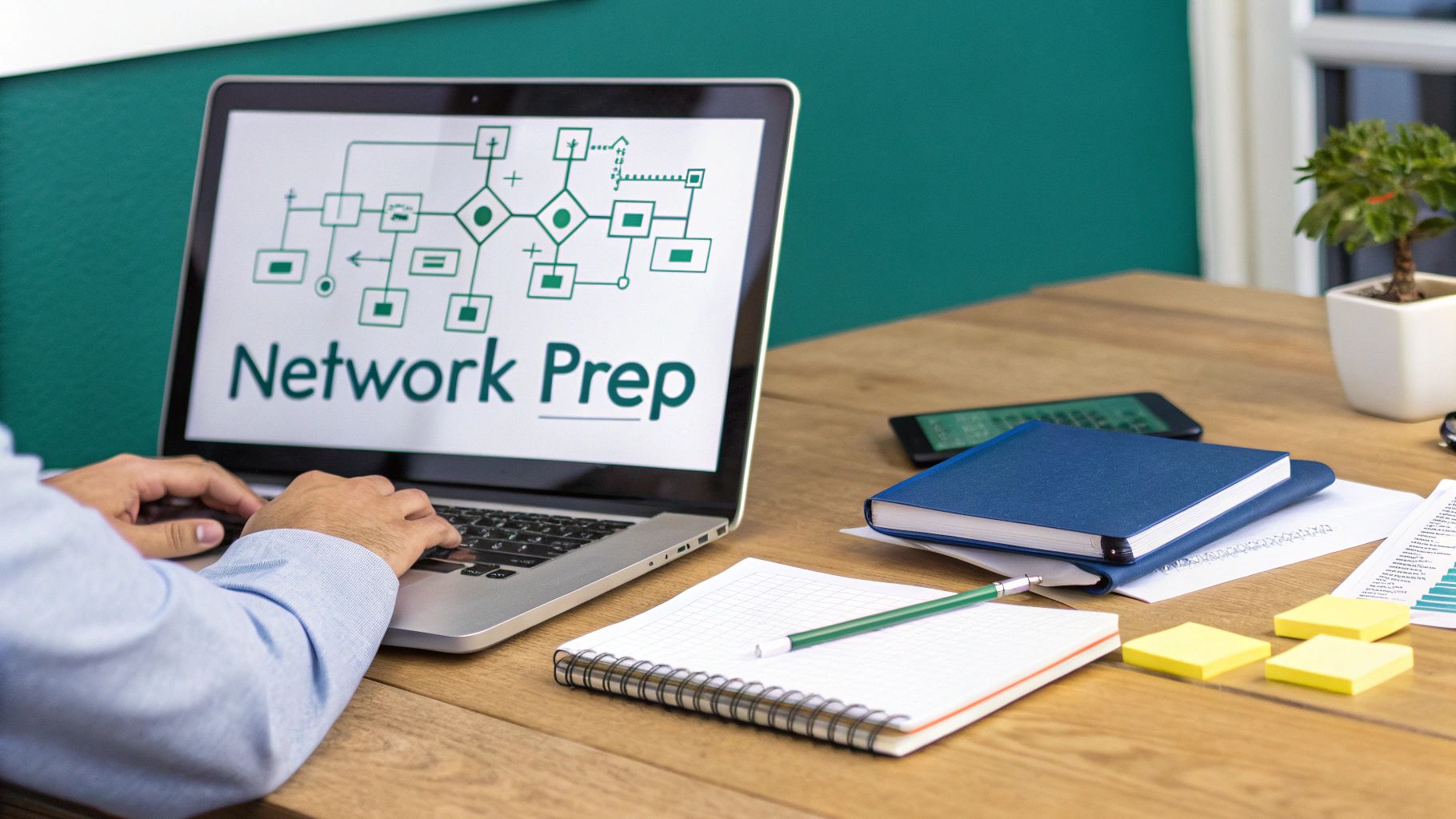 A person types on a laptop displaying 'Network Prep' and a network diagram on a wooden desk.