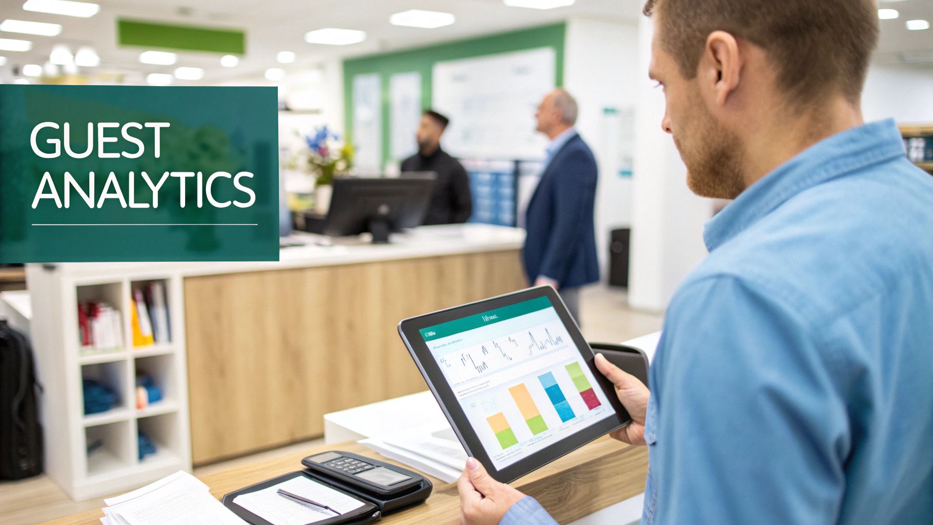 A man analyzes guest analytics data on a tablet in a modern office setting.