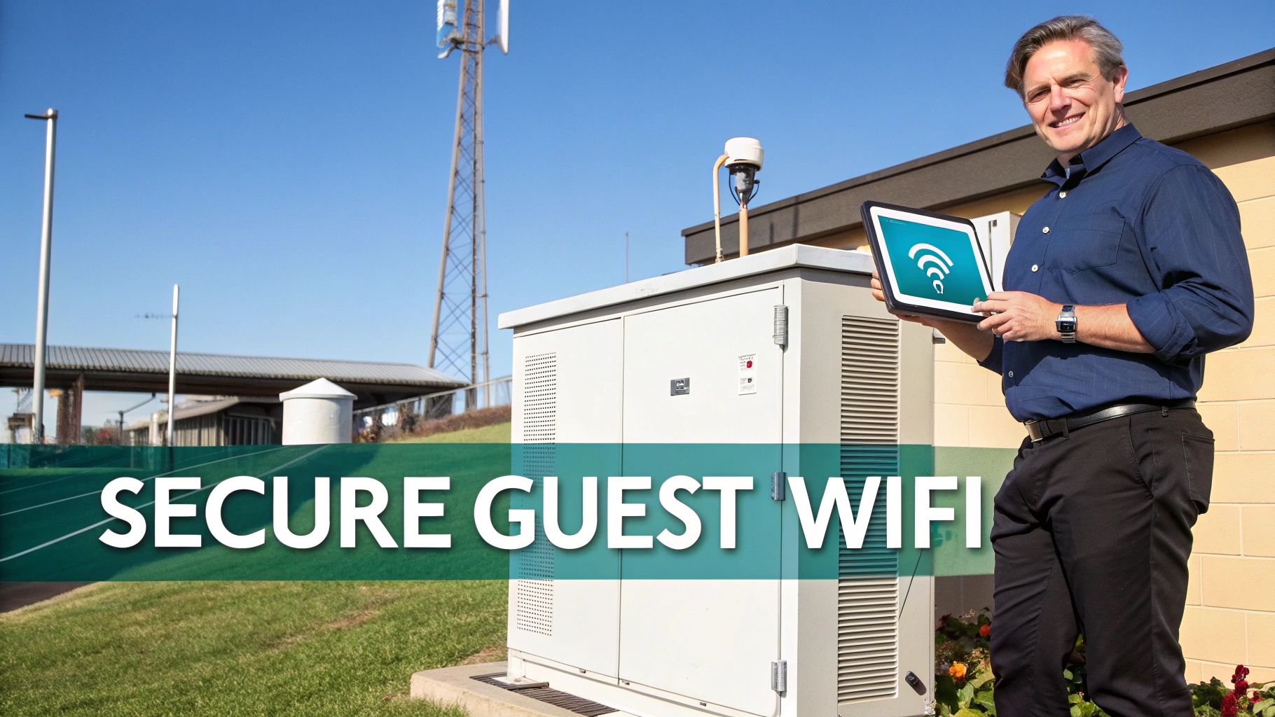 A man smiles holding a tablet with a Wi-Fi symbol, standing next to outdoor networking equipment with a cell tower in the background, promoting "Secure Guest Wi-Fi".