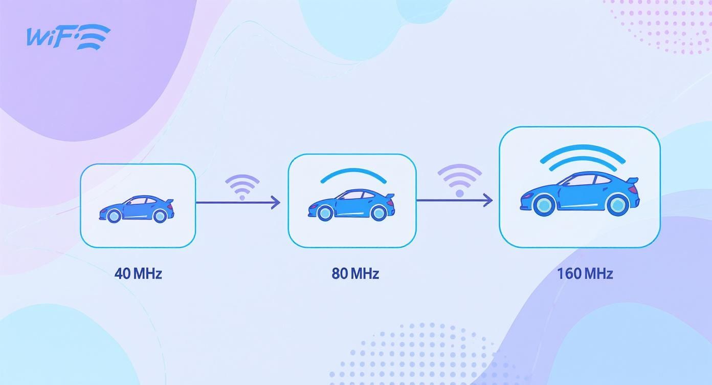 WiFi channel bandwidth progression showing car speed increase from 40 MHz to 80 MHz to 160 MHz
