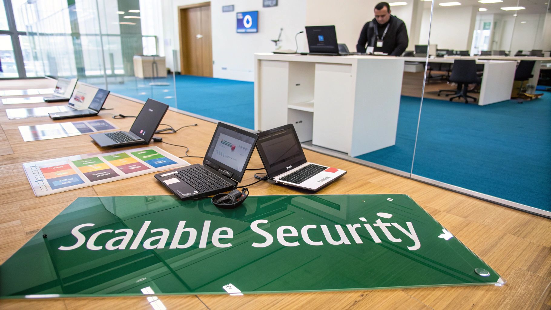 Multiple open laptops on display with a 'Scalable Security' sign in a modern office.