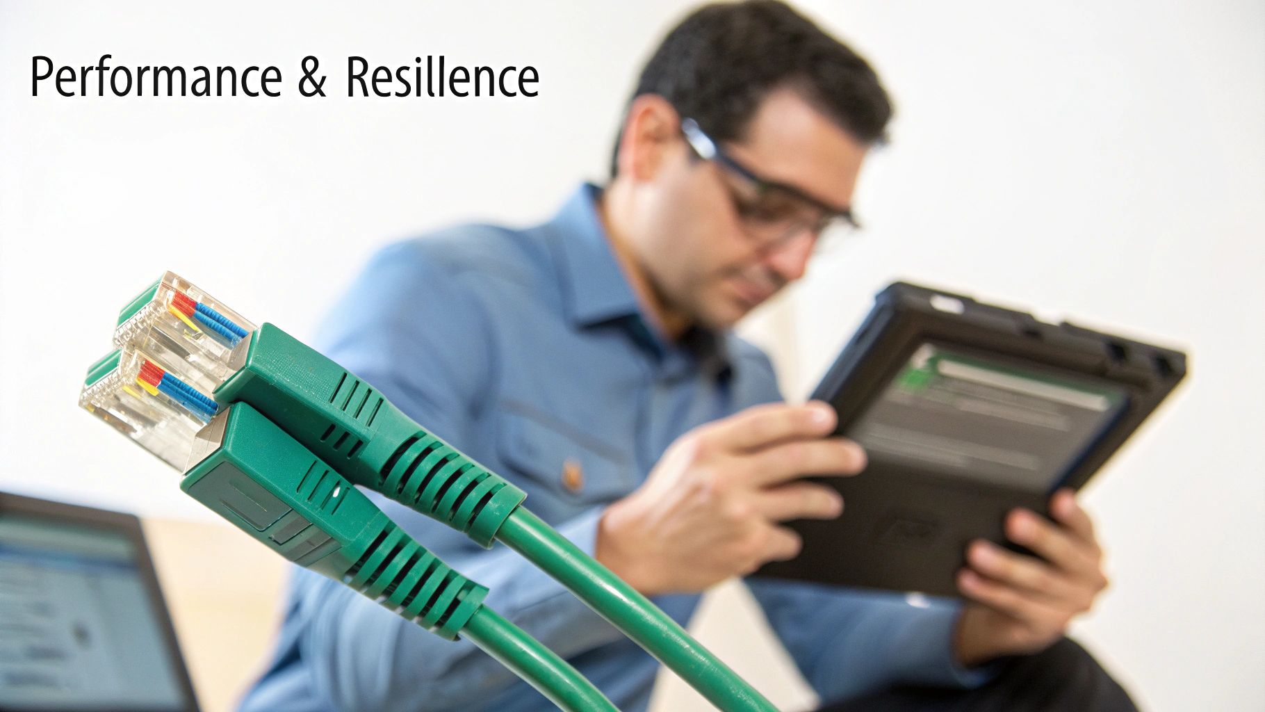 Two green Ethernet cables in focus, with a network technician analyzing data on a tablet.