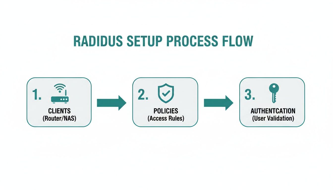 A diagram illustrating the RADIUS setup process flow in three steps: Clients, Policies, and Authentication.