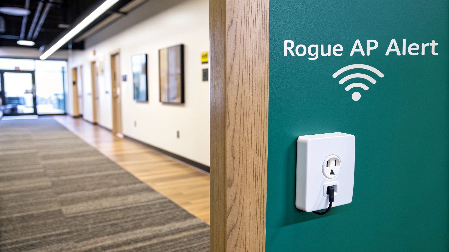 A green wall displays a "Rogue AP Alert" sign with a Wi-Fi symbol and an electrical outlet in an office hallway.