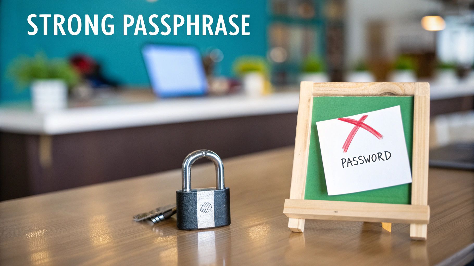 A padlock and keys on a wooden table with a note crossing out 'PASSWORD', promoting 'STRONG PASSPHRASE'.