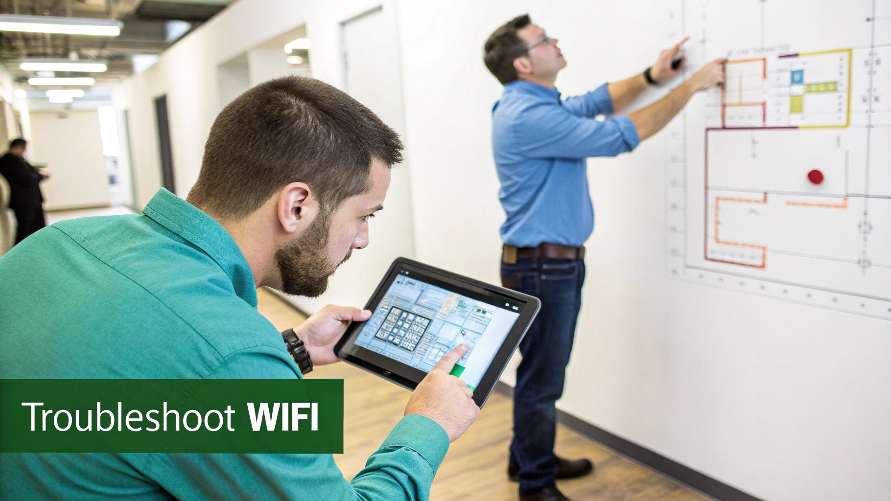 Two engineers troubleshooting WiFi in an office, using a tablet and a large architectural diagram.