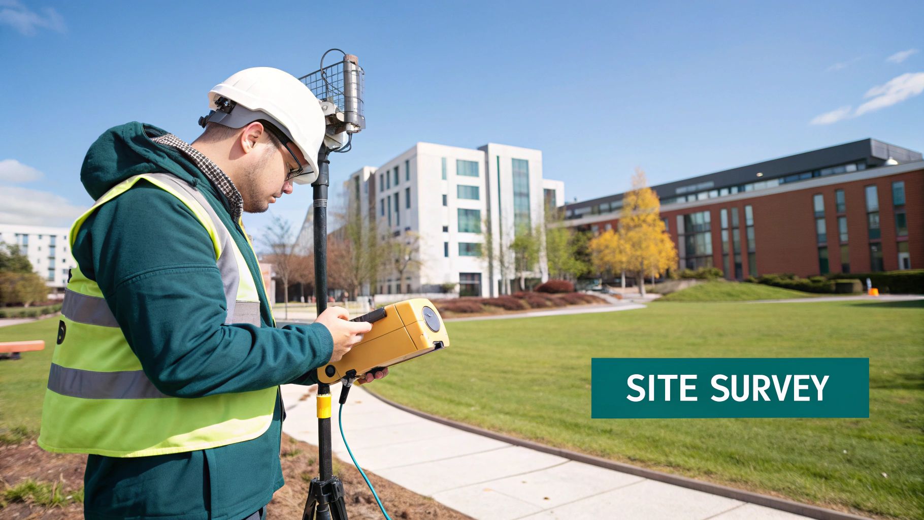 A person conducting a site survey for an outdoor Wi-Fi network.