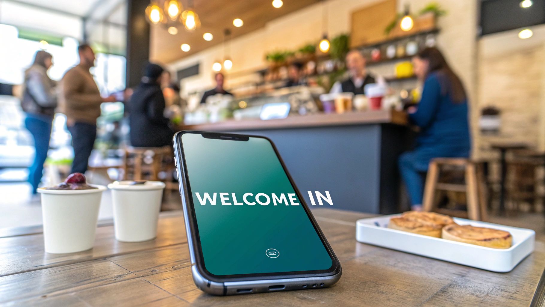 A visually appealing guest Wi-Fi captive portal on a tablet screen.