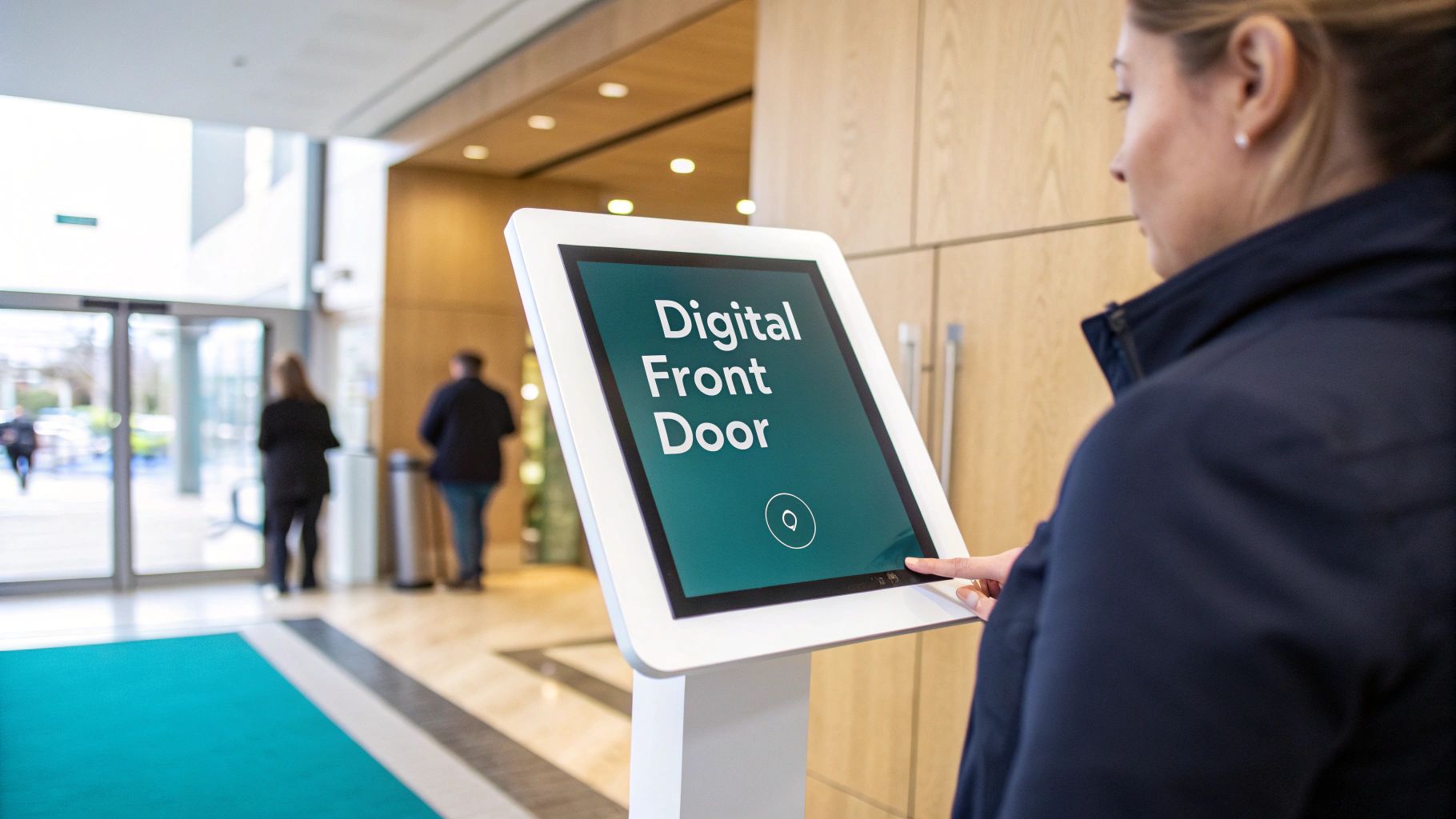 Woman uses a 'Digital Front Door' touchscreen kiosk in a modern building lobby.