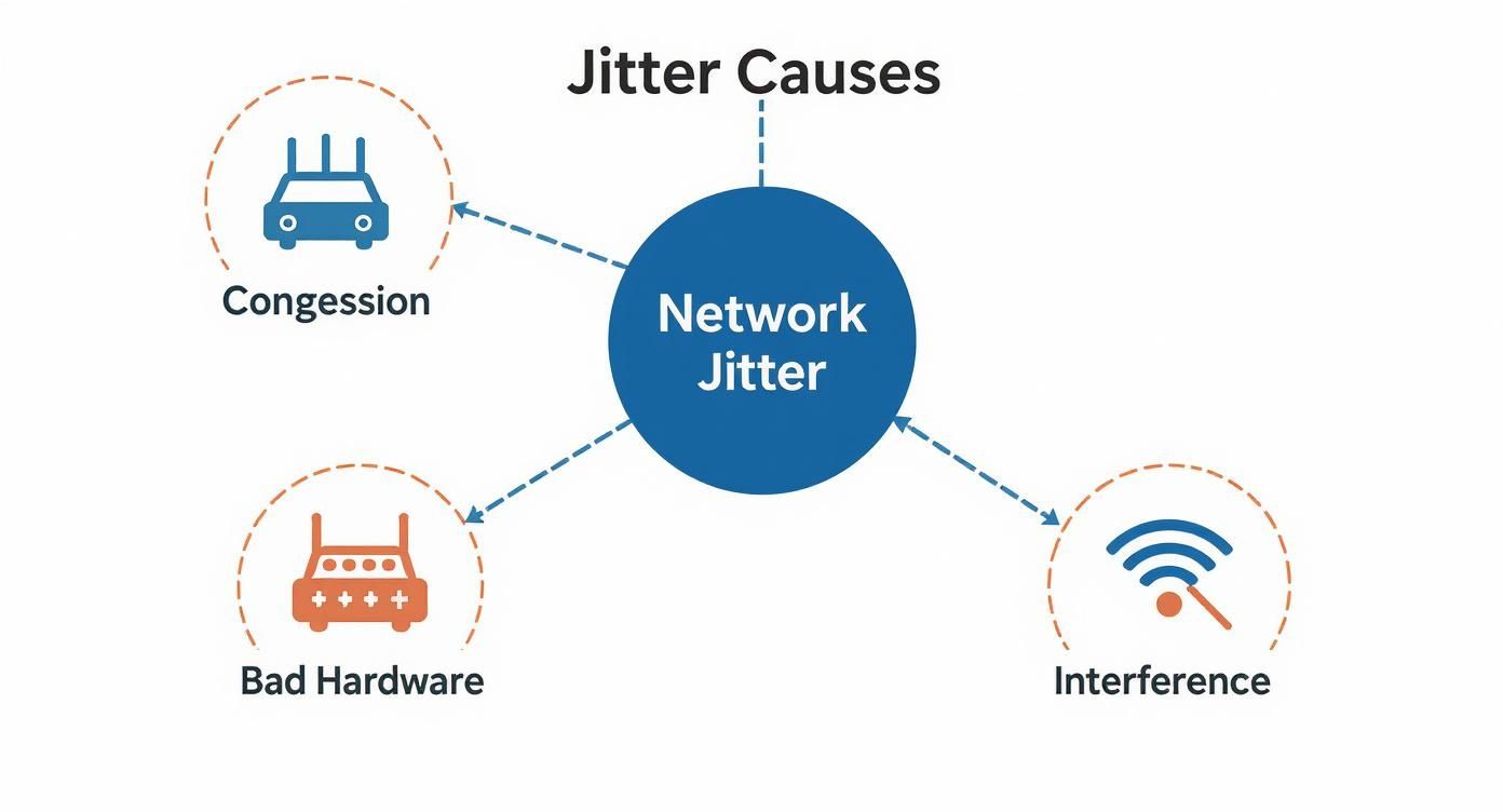 Infographic showing the main causes of what is jitter in network, including congestion, bad hardware, and interference.