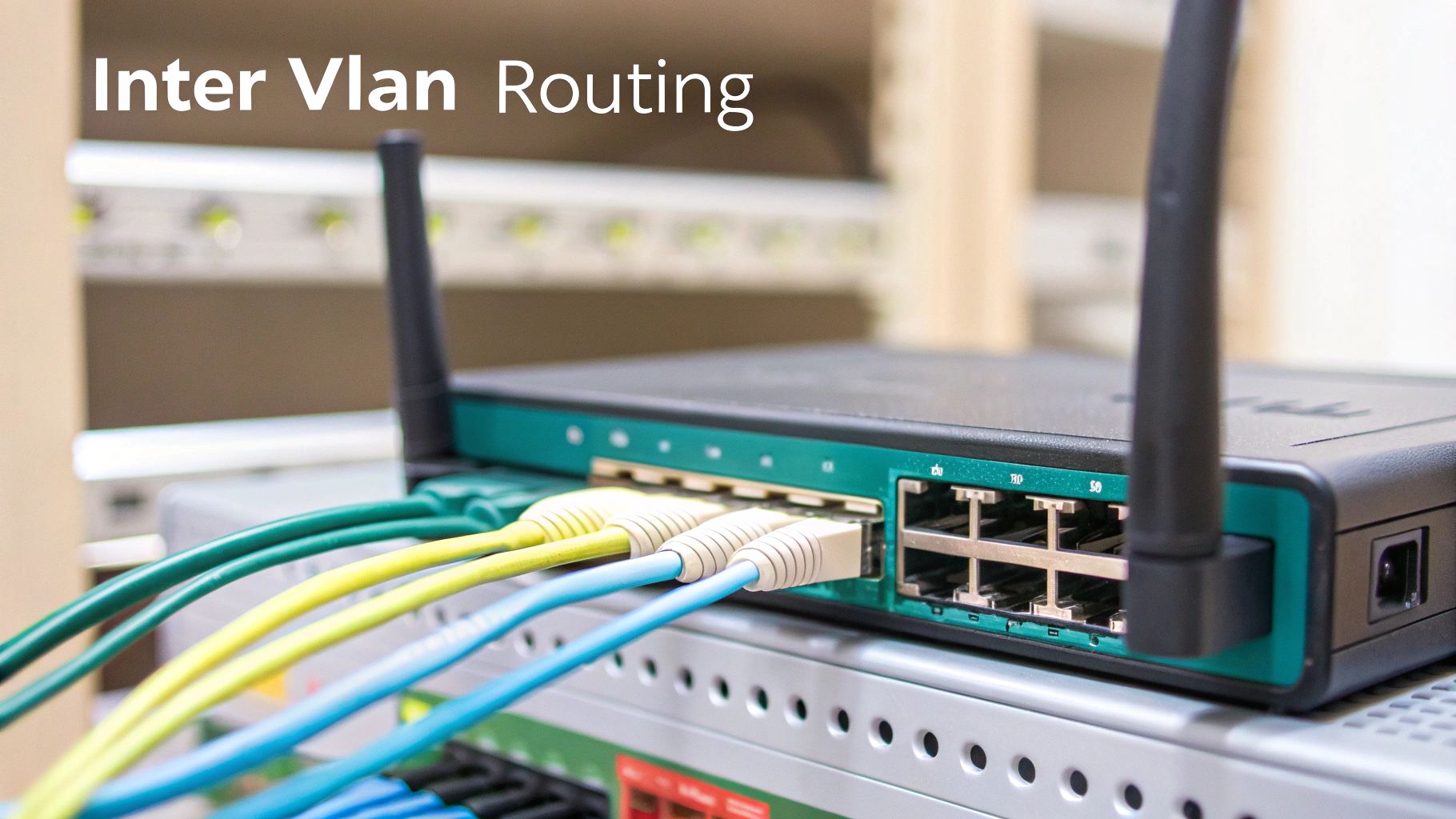 Close-up of a network switch with colorful Ethernet cables connected, demonstrating Inter VLAN Routing.