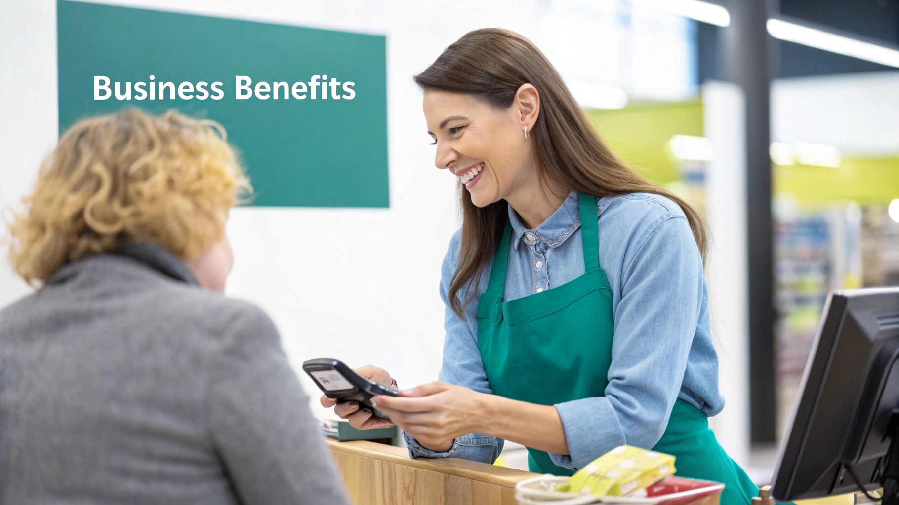 A smiling female cashier in a green apron assists a customer at a checkout counter, with “Business Benefits” on a green sign.