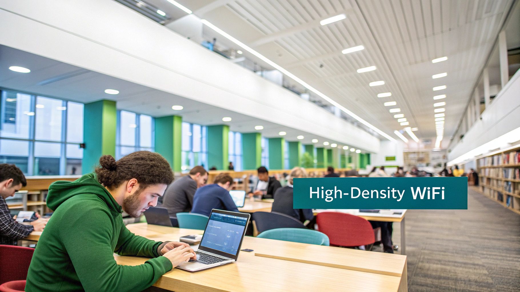 Students use laptops in a modern, well-lit study hall with a 'High-Density WiFi' sign.