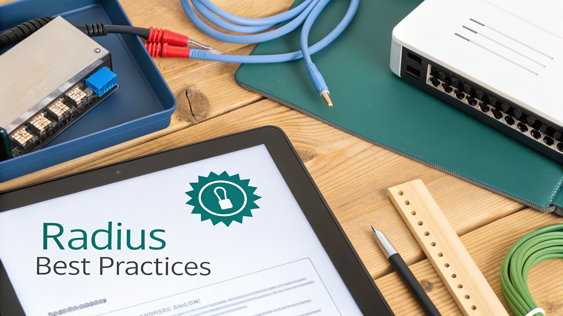 A tablet showing 'Radius Best Practices' document surrounded by network devices, cables, and a pen on a wooden table.