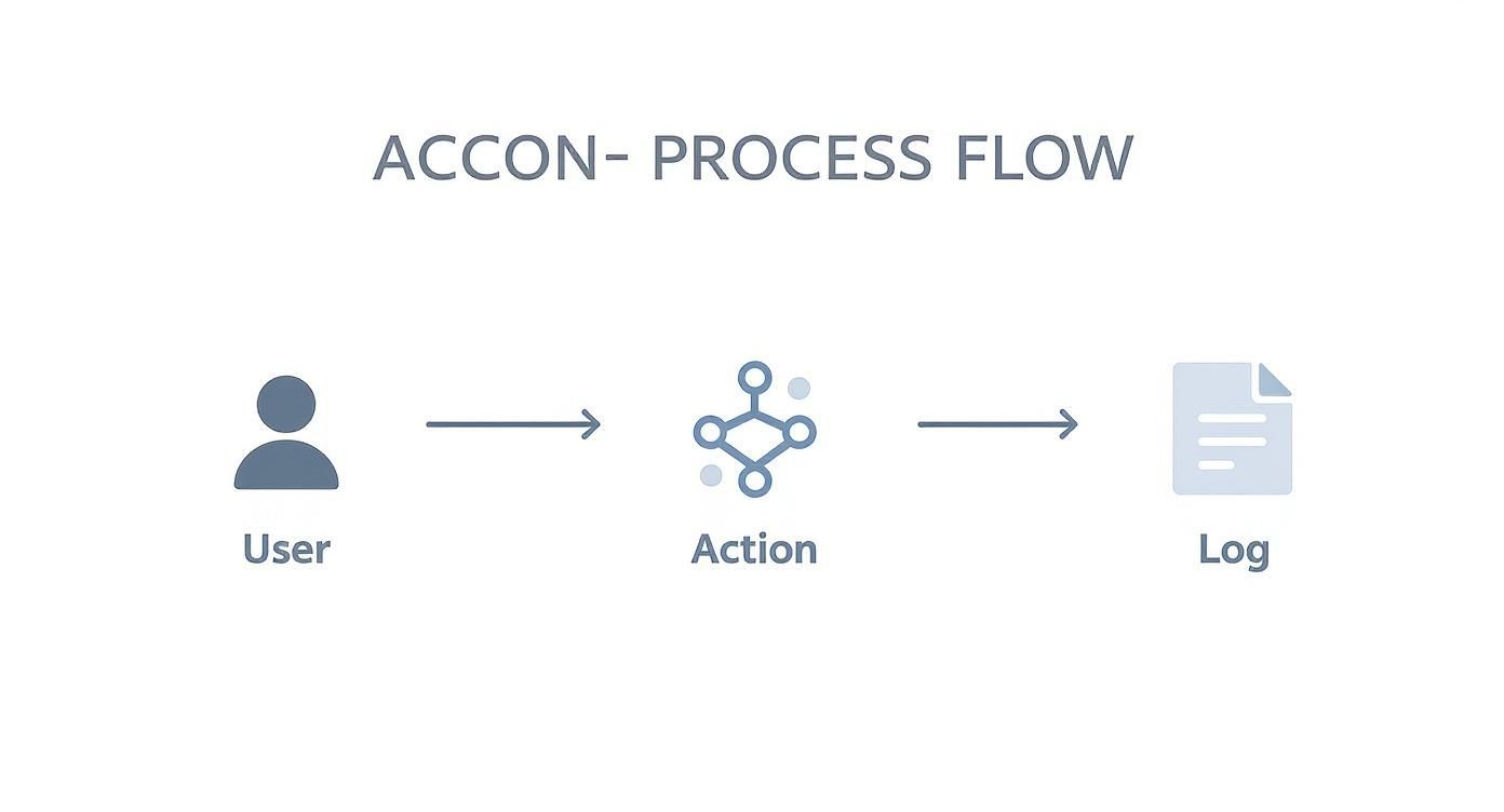 A process flow diagram illustrates a user performing an action, resulting in a log entry.