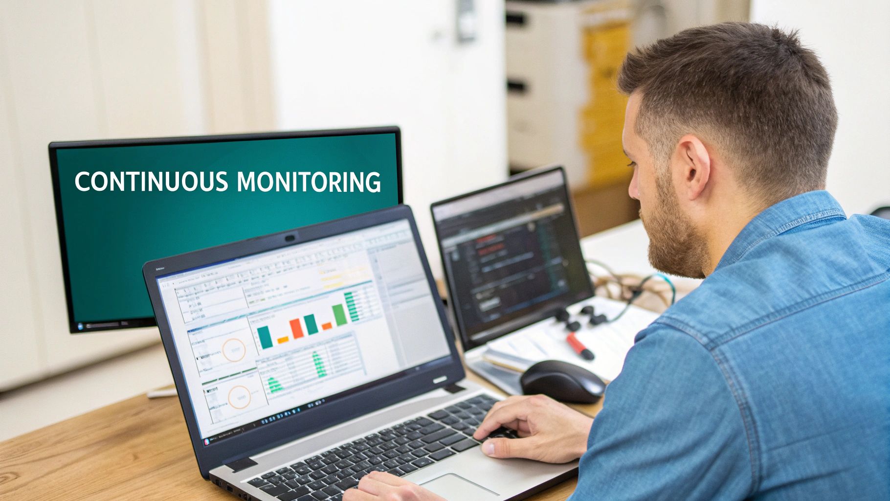 Professional man monitoring business analytics dashboards and data visualizations on multiple computer screens