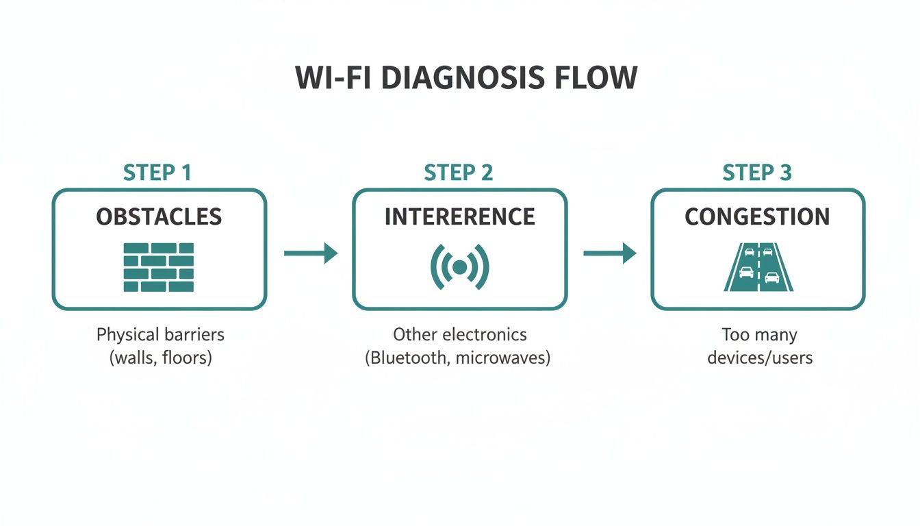 A flow chart illustrating the three steps of Wi-Fi diagnosis: Obstacles, Interference, and Congestion.