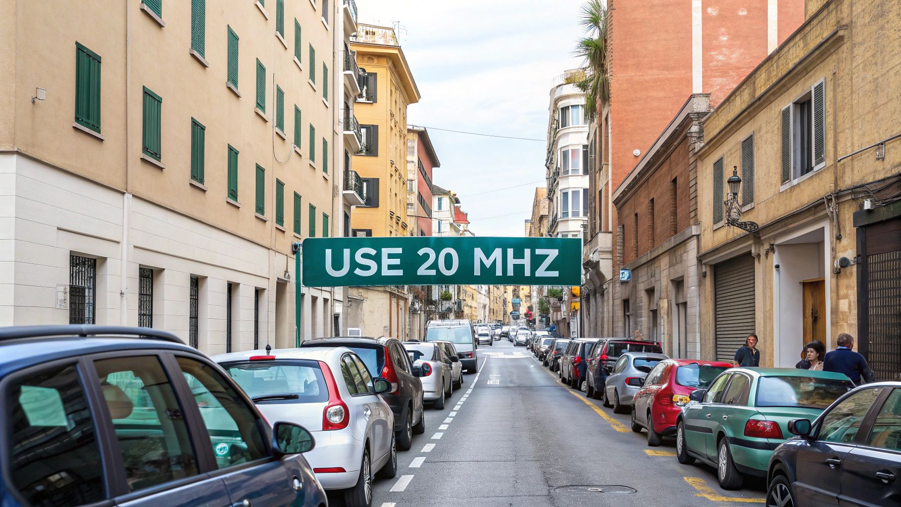 Urban street scene with green road sign displaying USE 20 MHZ WiFi channel width recommendation