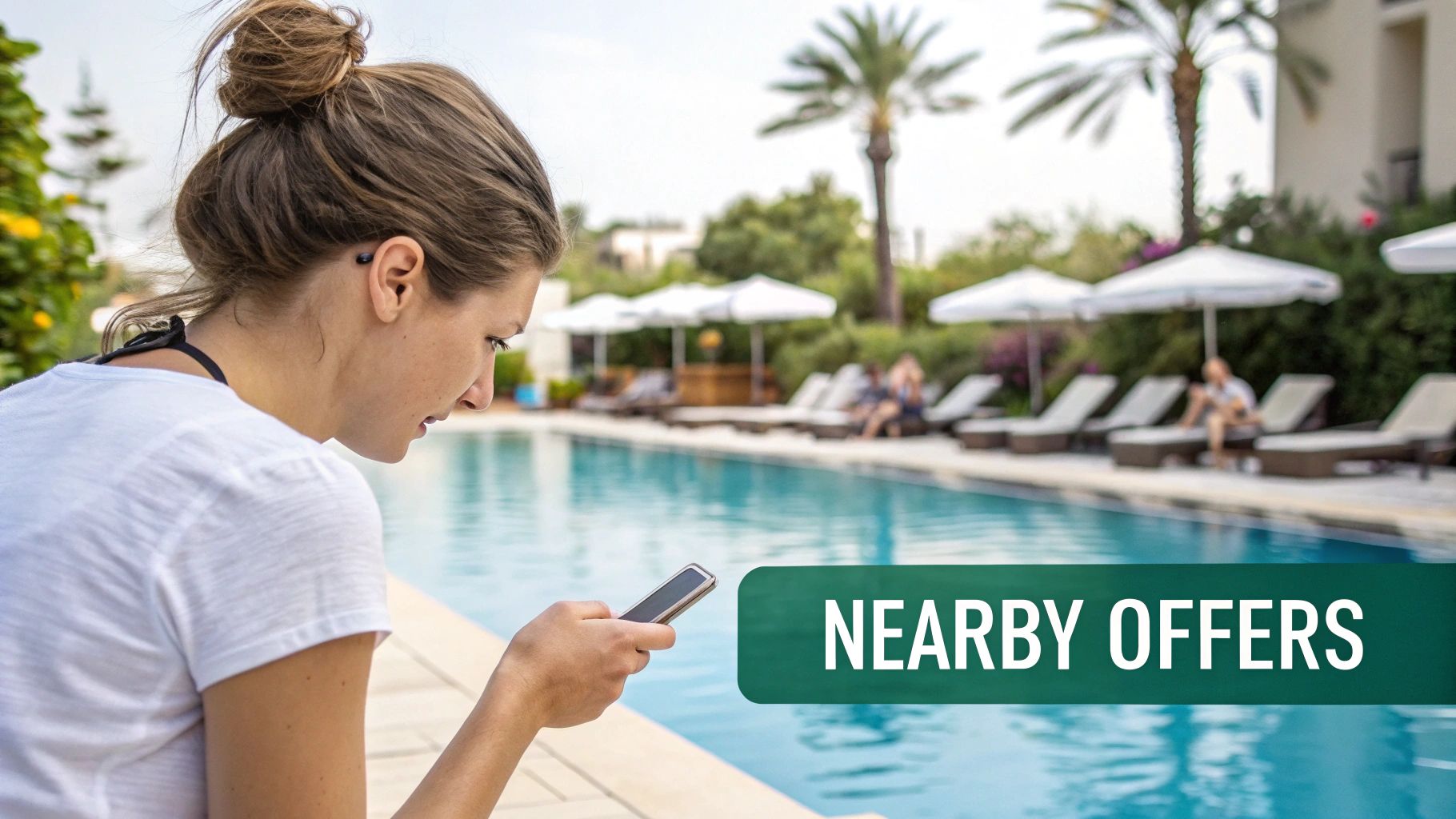 A woman looks at her phone by a swimming pool, with a 'Nearby Offers' banner visible.