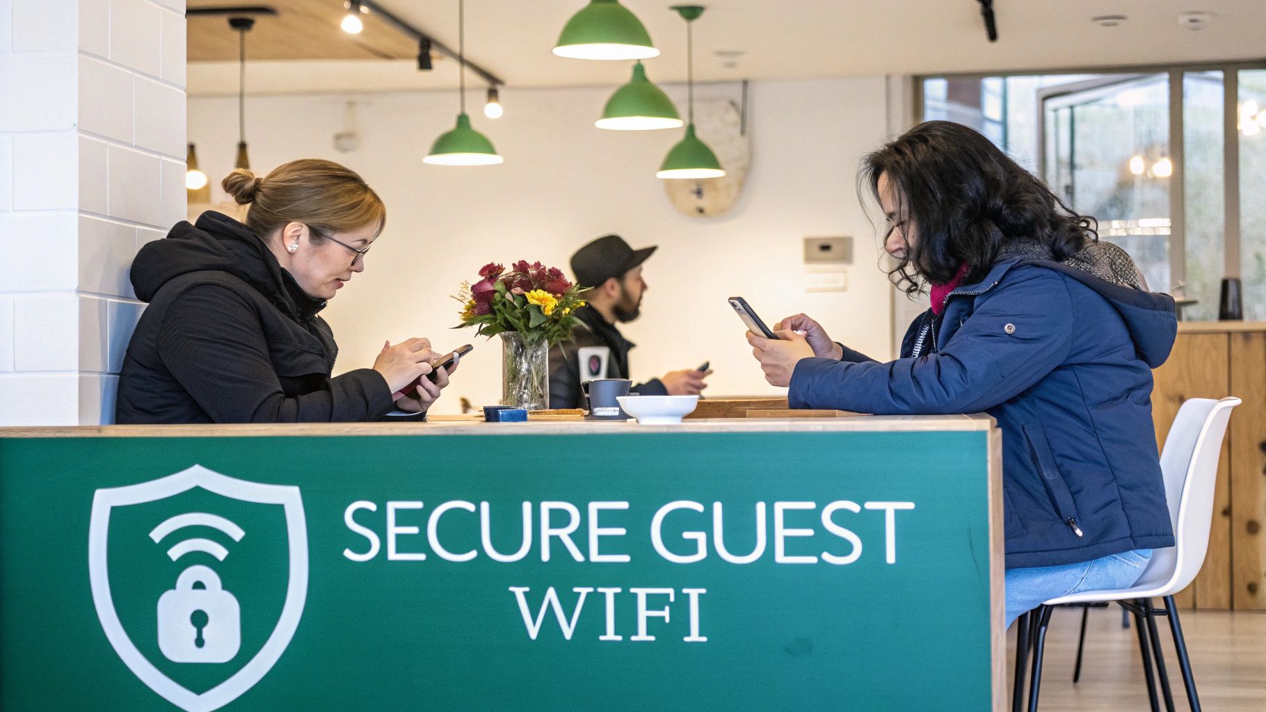 Guests in a cafe or lobby engrossed in their smartphones, with a prominent 'Secure Guest WIFI' sign.