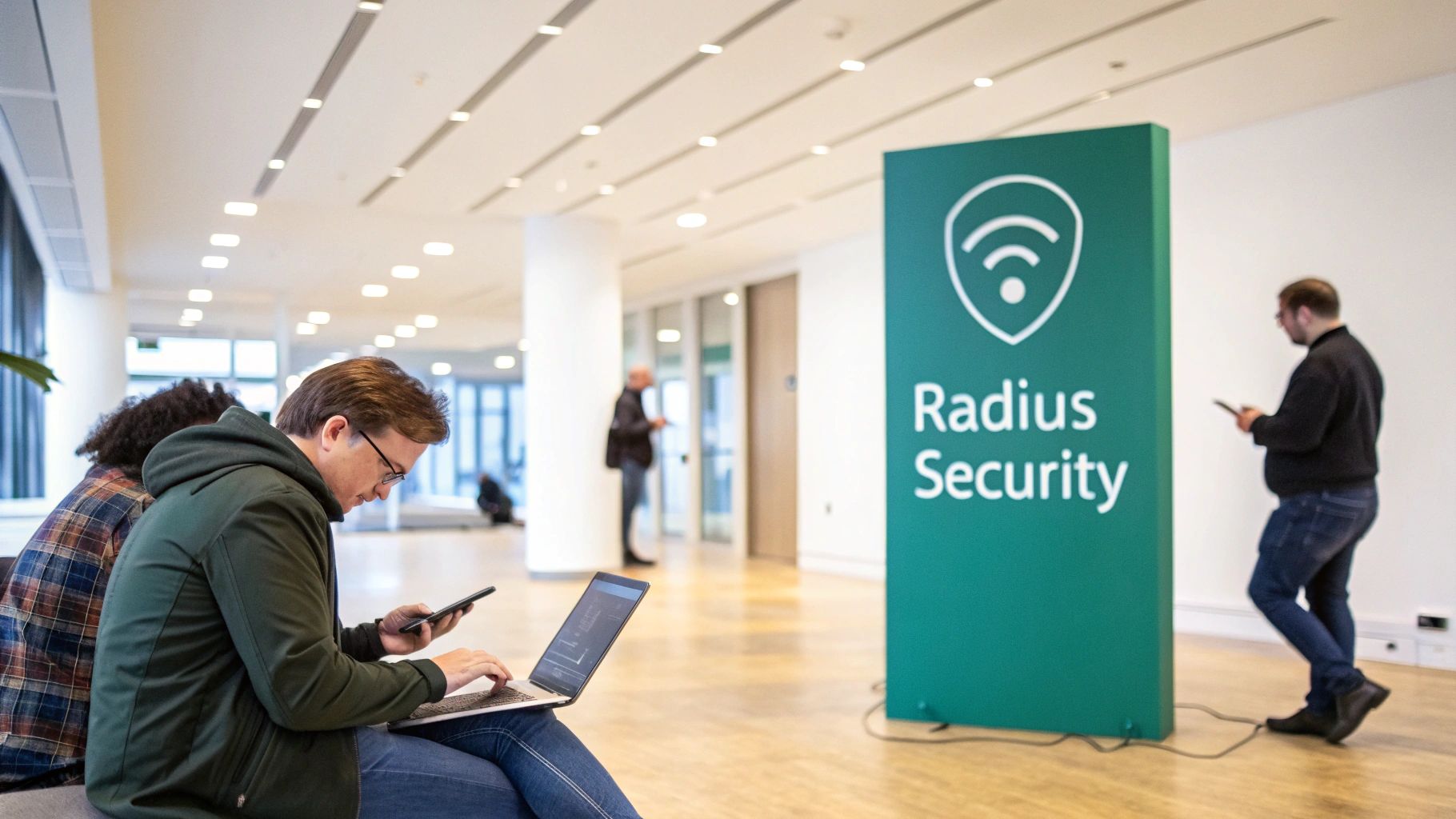 Man working on laptop and phone in a modern office near a 'Radius Security' sign.
