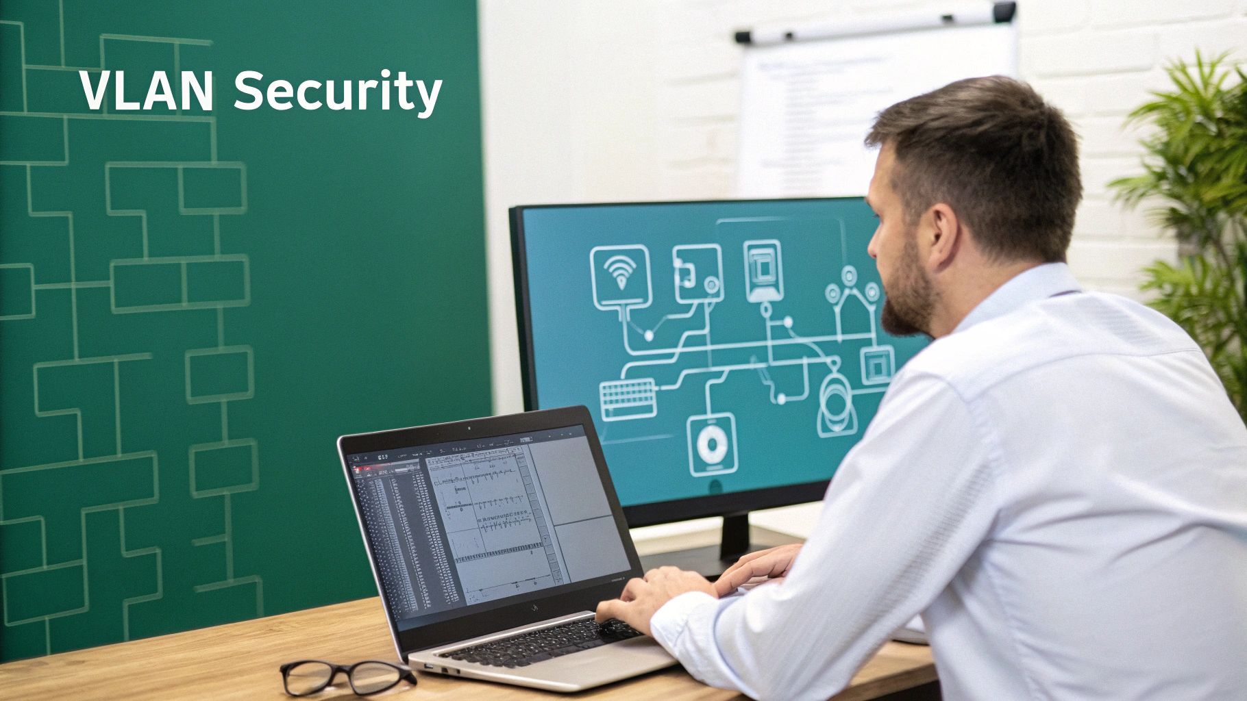 A man working on a laptop with a monitor displaying network diagrams, highlighting VLAN Security.