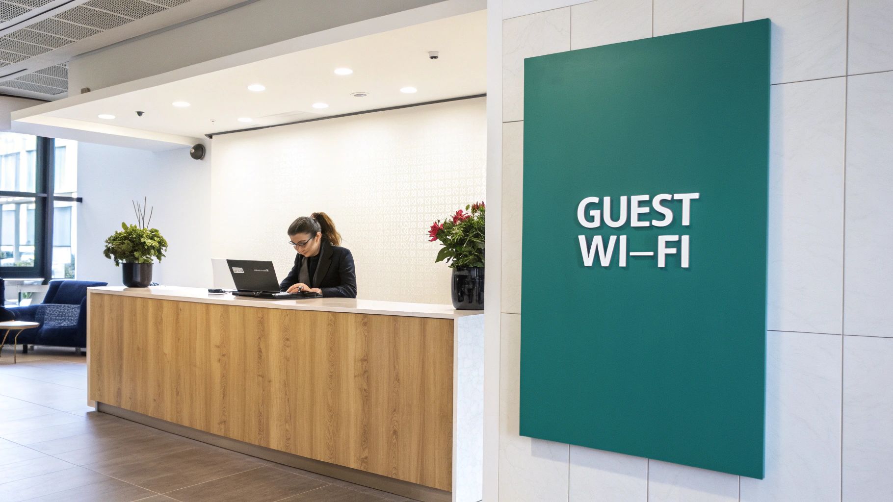 Modern reception area with a woman at a desk working on a laptop and a Guest Wi-Fi sign.