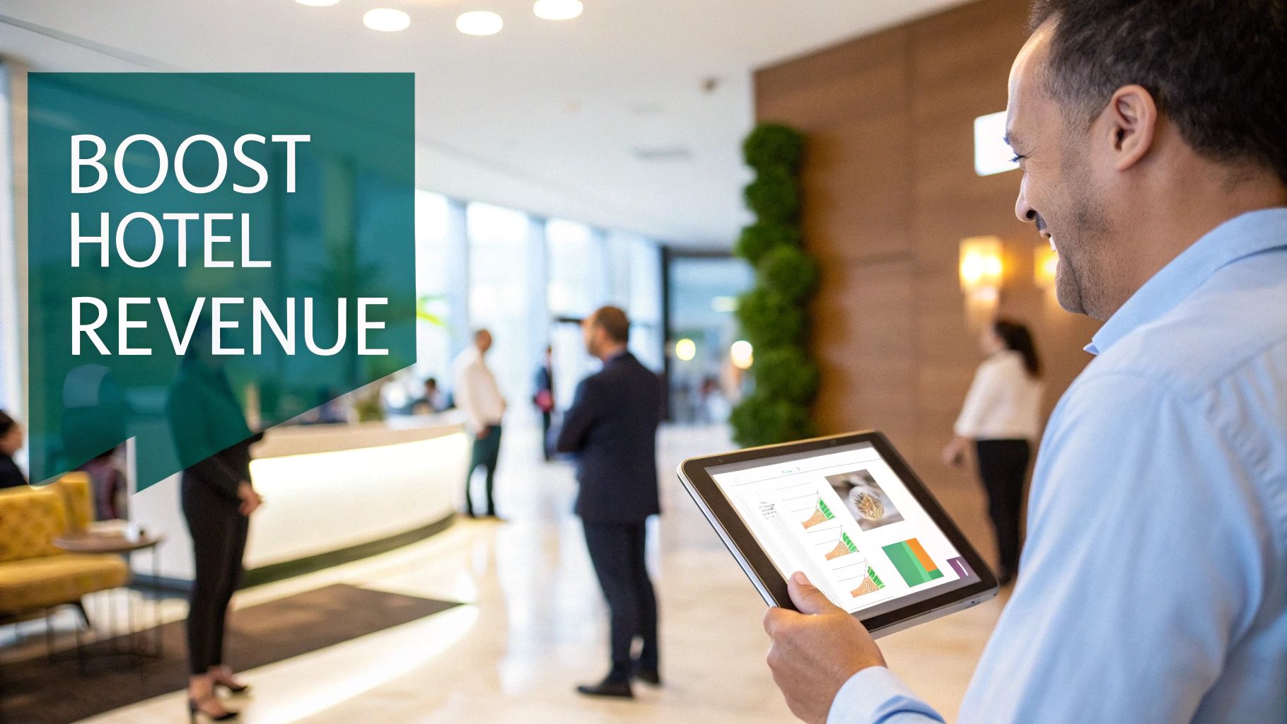 Man in a hotel lobby looking at a tablet displaying graphs and business data for revenue.