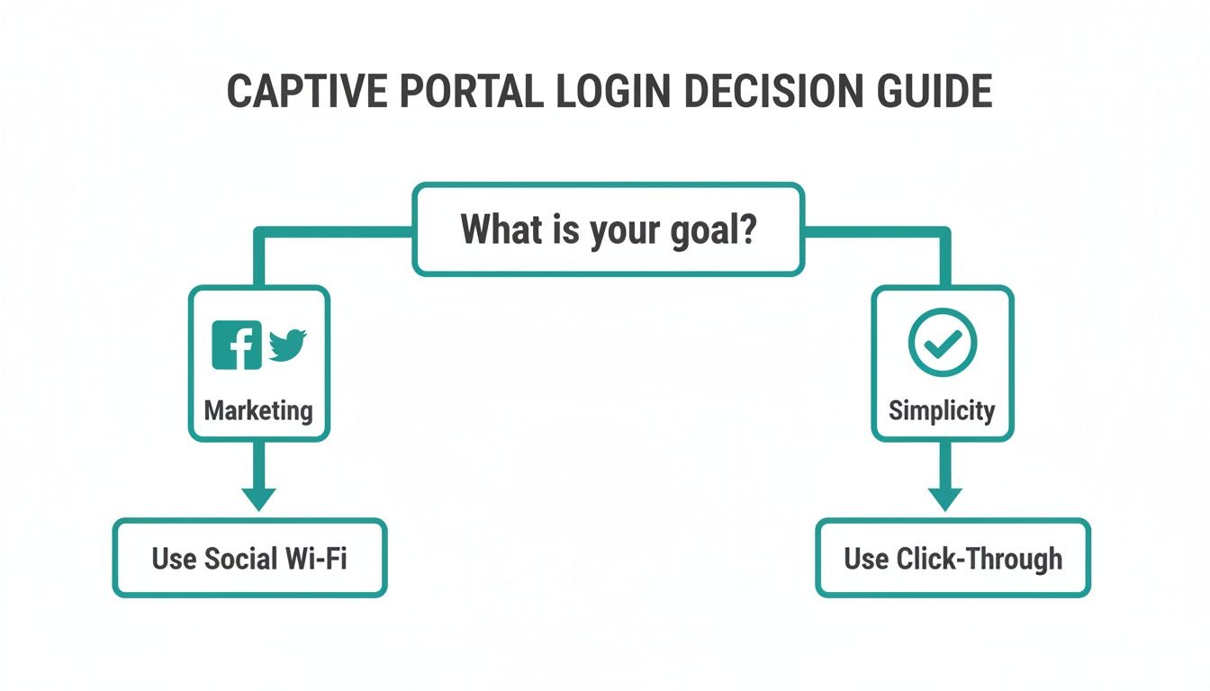 Flowchart outlining captive portal login decisions based on marketing (social Wi-Fi) or simplicity (click-through) goals.