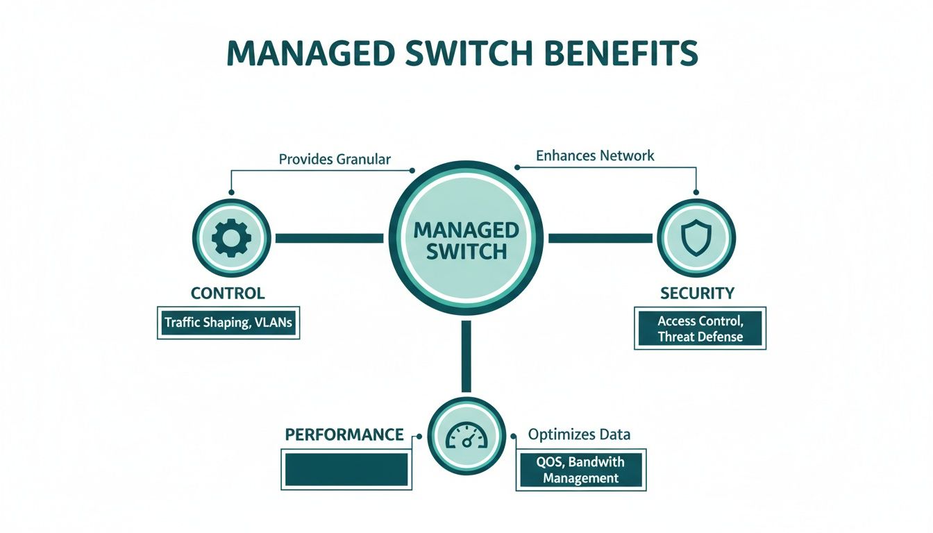 Diagram illustrating the benefits of a managed network switch: control, security, and performance optimization.