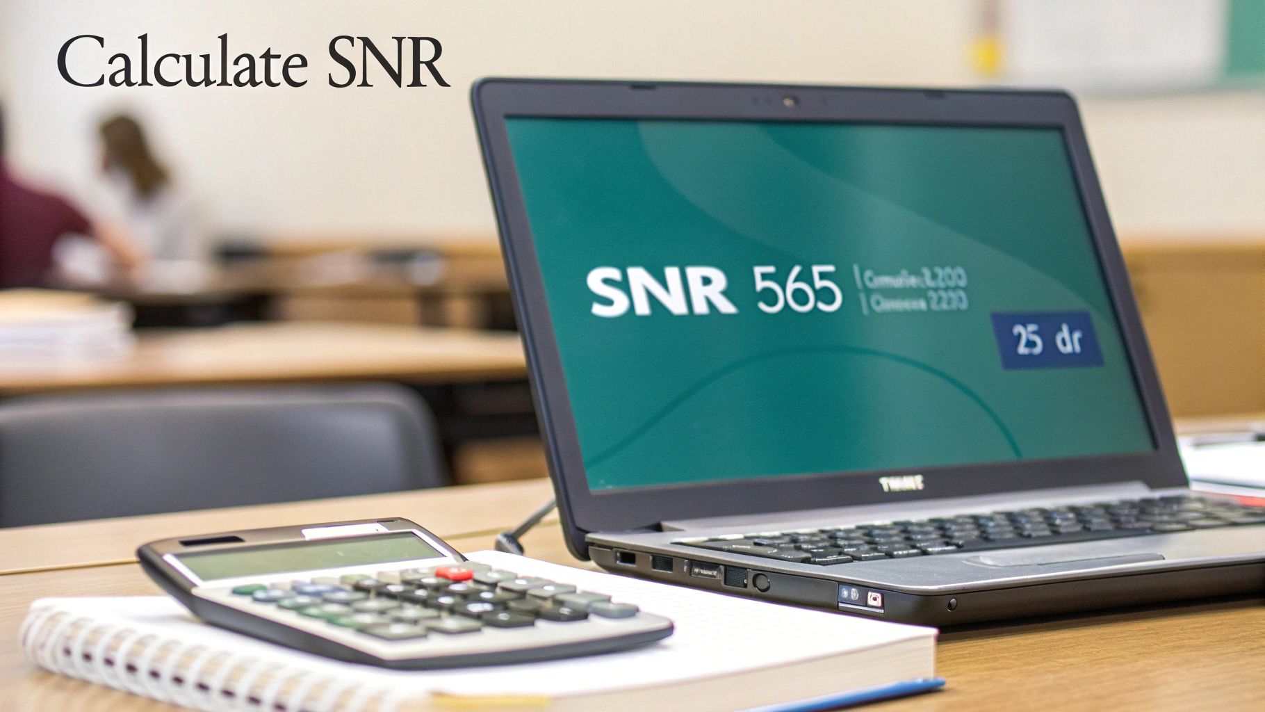 A calculator, notebook, and laptop showing "SNR 565" on a desk.