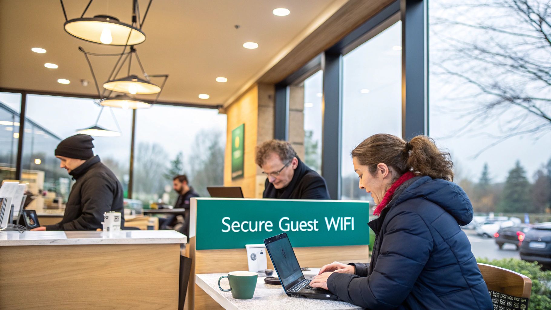 Customers working on laptops and using secure guest Wi-Fi in a modern cafe setting.