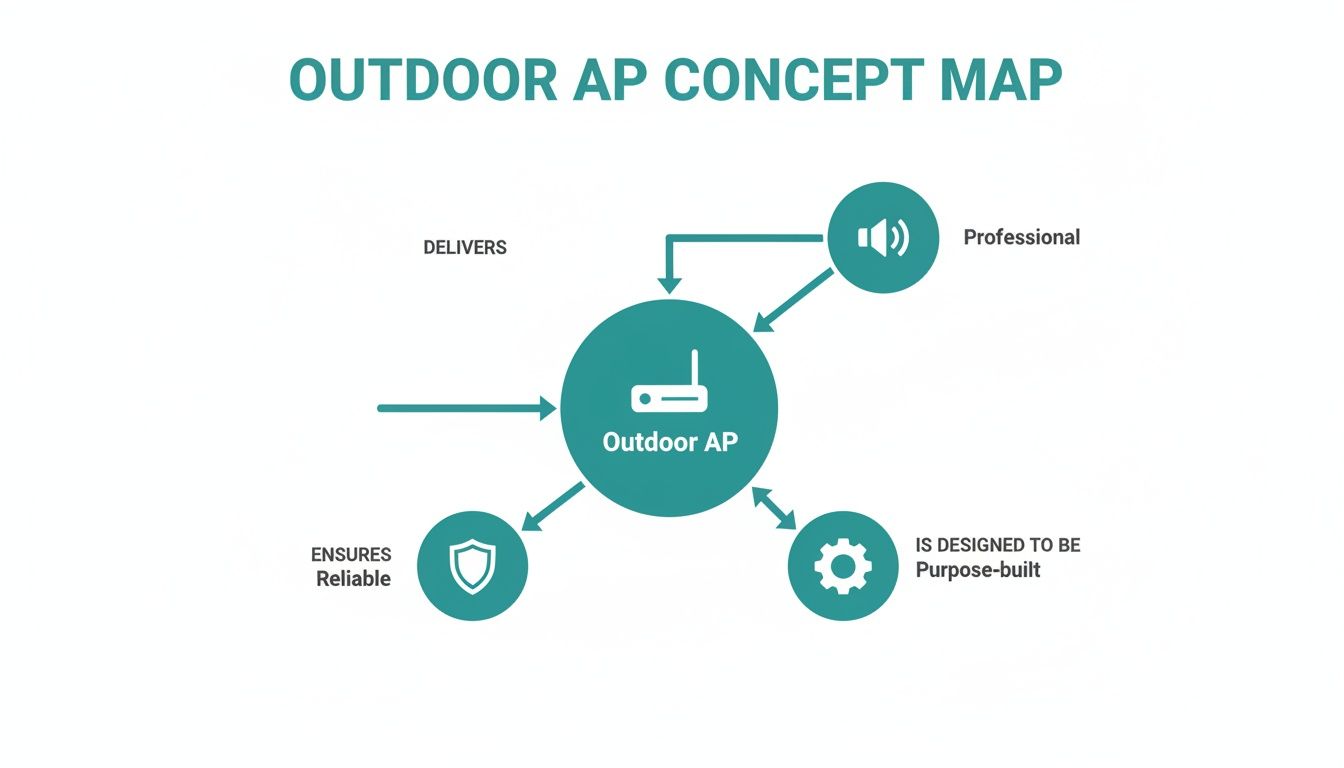 Concept map illustrating the Outdoor AP, detailing its professional delivery, reliable assurance, and purpose-built design.