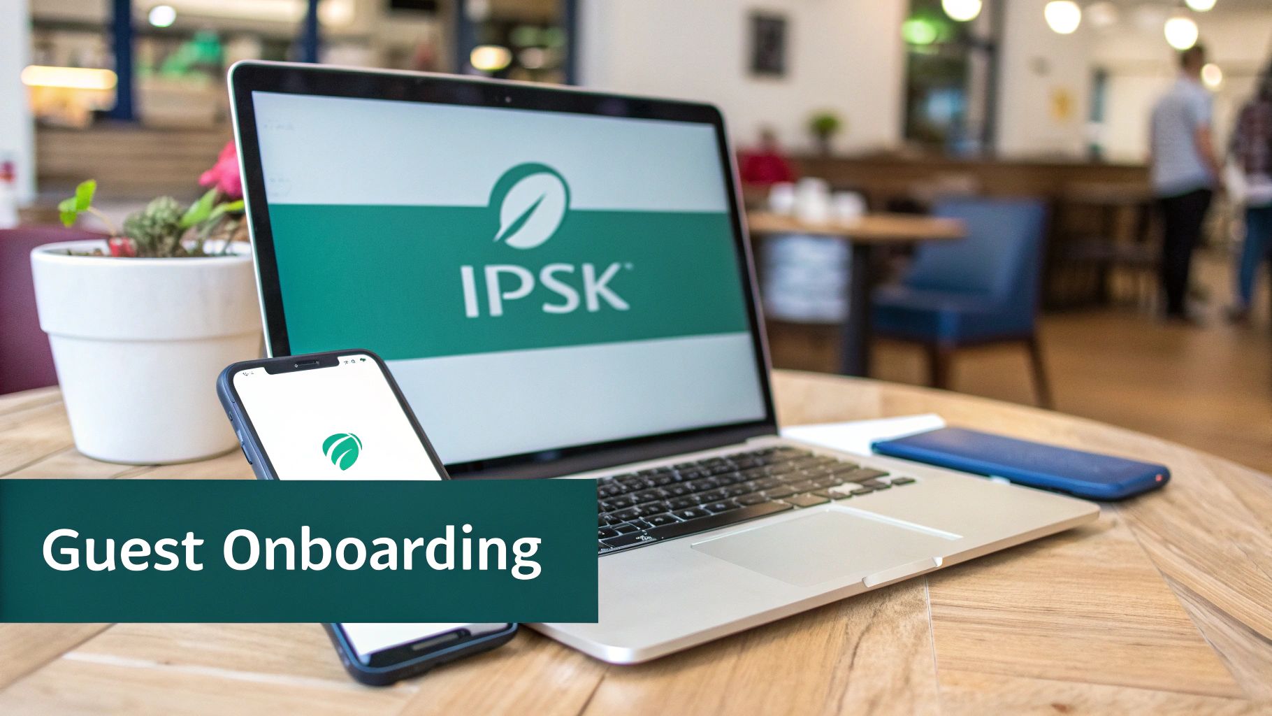 A laptop and smartphone on a wooden table, both displaying the IPSK logo, with a 'Guest Onboarding' banner.