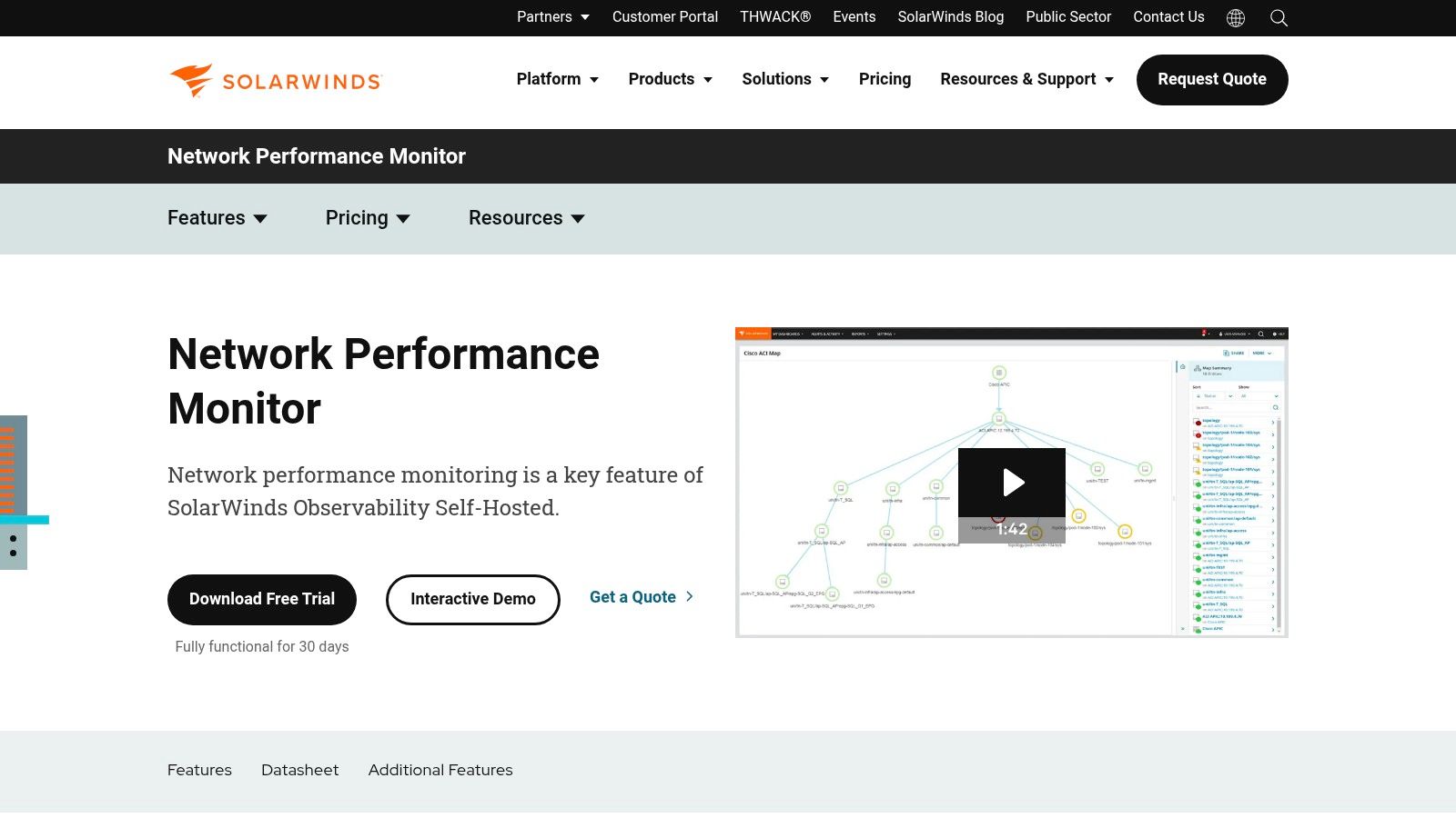 SolarWinds Network Performance Monitor dashboard showing network paths and device status
