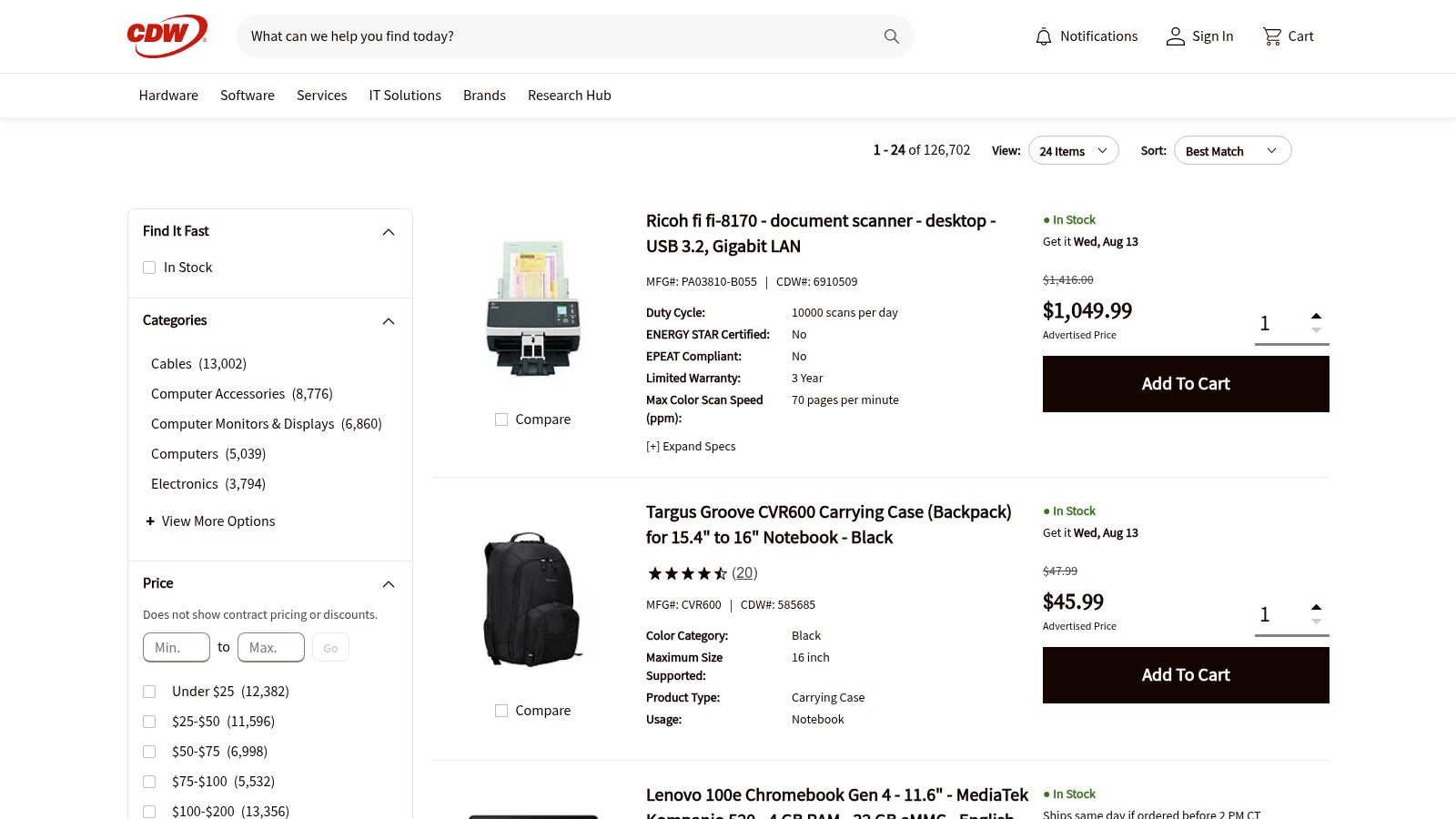 CDW website showing network management software options