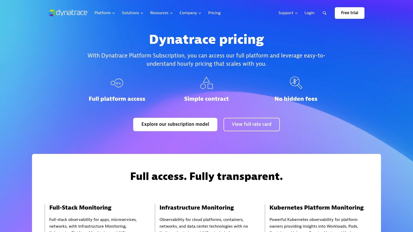 Dynatrace full-stack observability dashboard showing application performance
