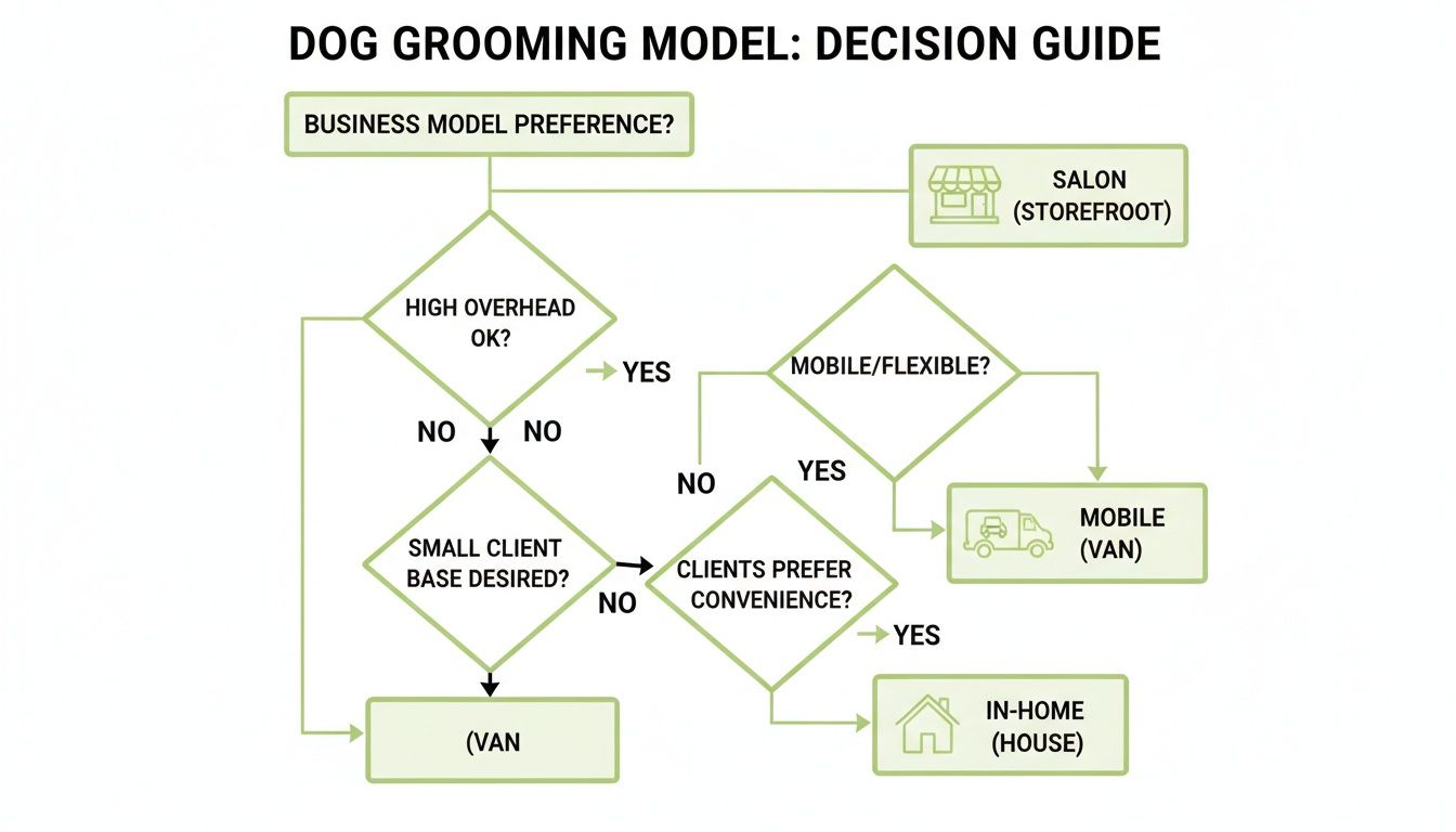 A decision guide flowchart illustrating various dog grooming business models, considering overhead, mobility, and client preferences.